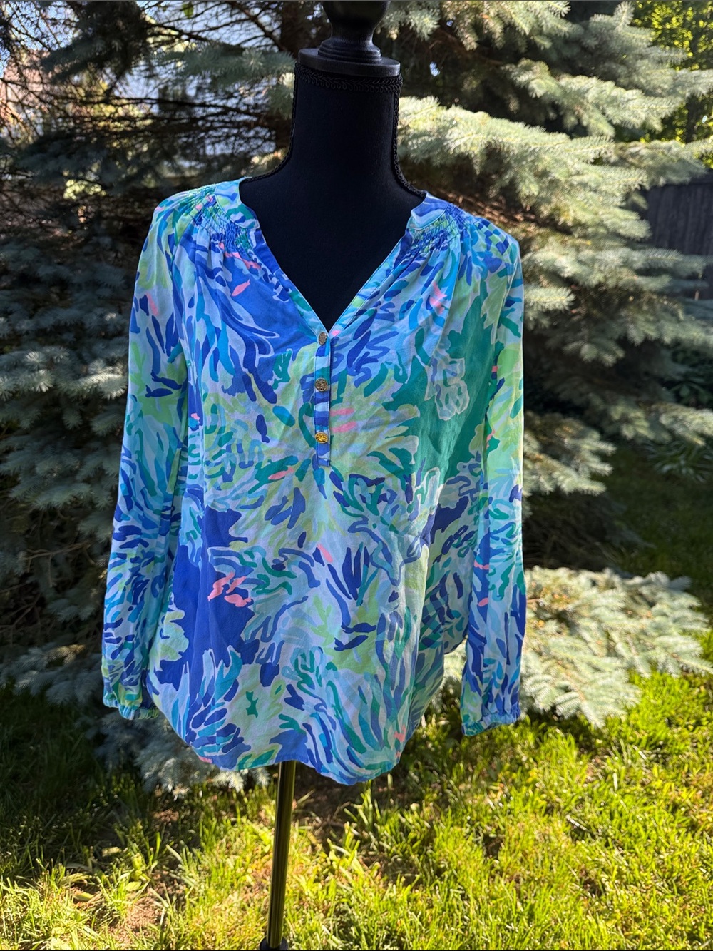 Lilly Pulitzer Blue, Green & Pink Abstract V-Neck Blouse